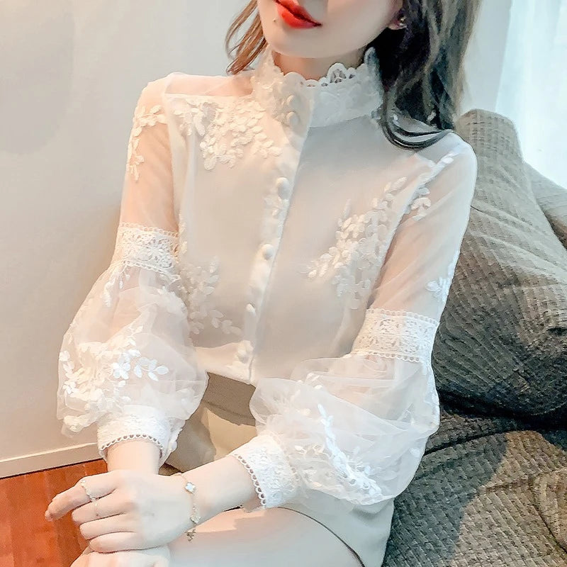 6380# Sweet Style Lantern Sleeve Chiffon Shirt Women Embroidered Flower White Blouses Female Mesh Stitching Pure Top