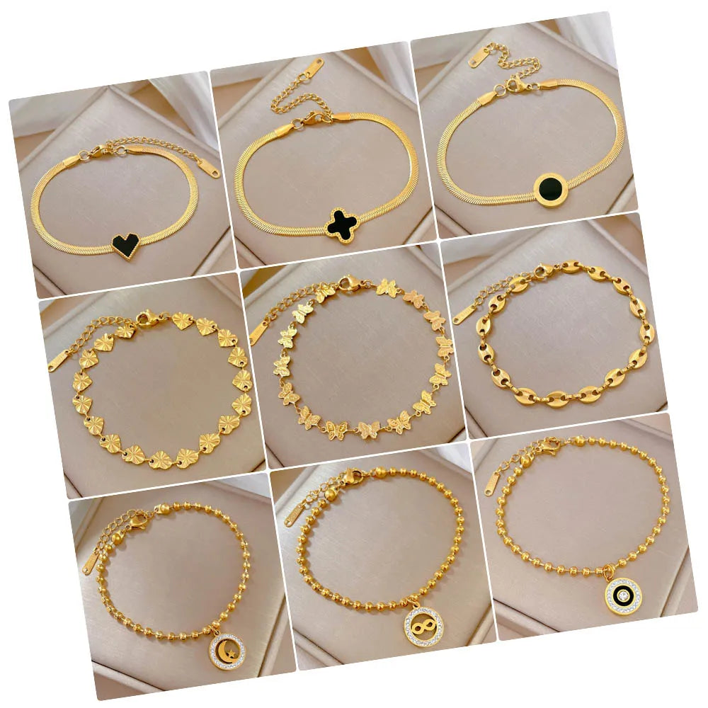No Fade Flat Snake Chain Coffee Bean Heart Clover Bracelet 18k Gold Non Tarnish Waterproof Stainless Steel Bracelet for Women