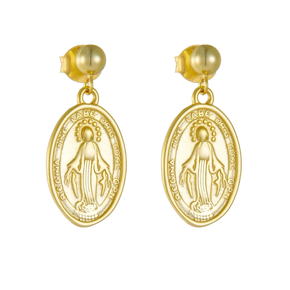 Classic Vintage 925 Sterling Silver Gold Plated Virgin Mary Relief Portrait Fine Stud Oval Earrings for Women