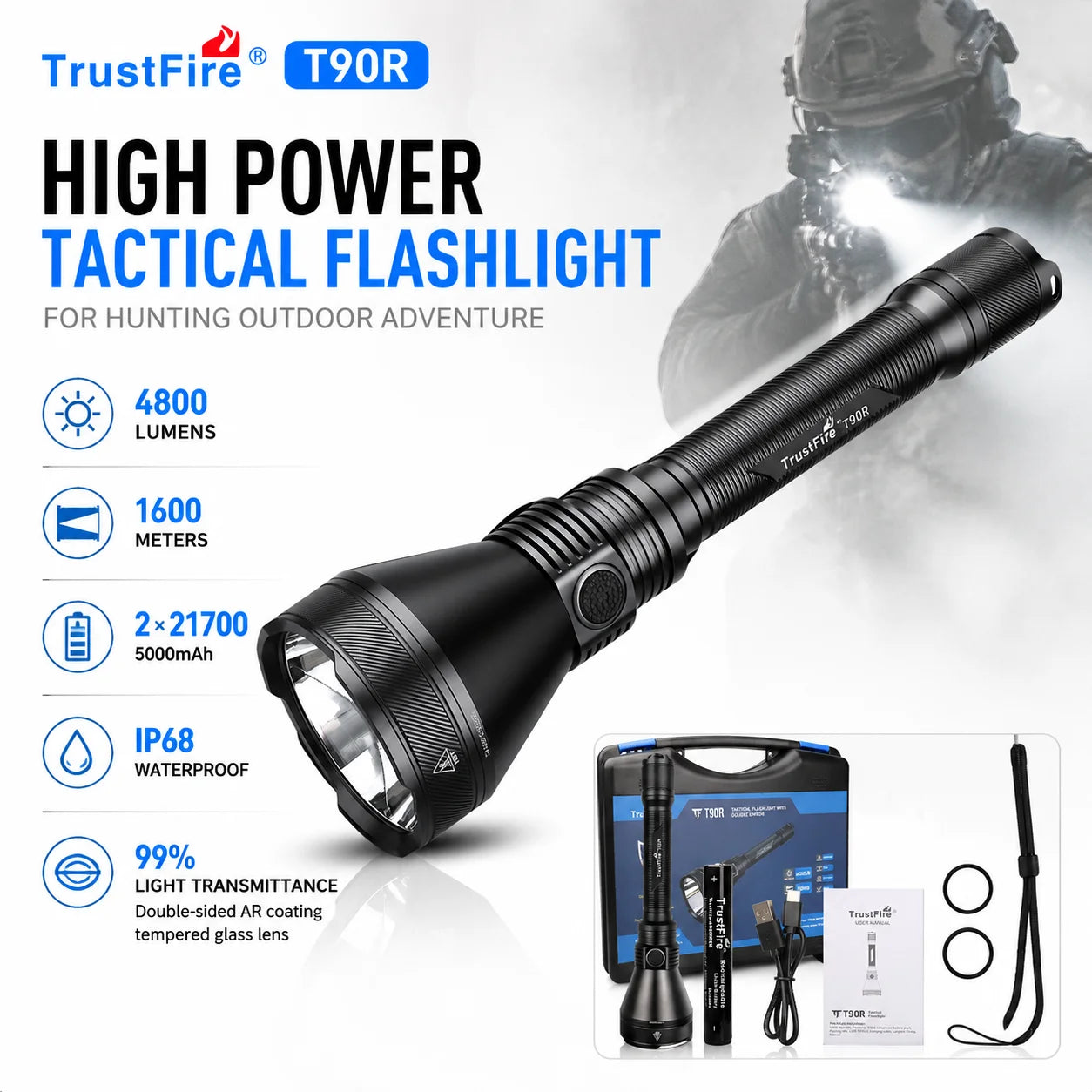 TrustFire T90R High Power Tactical Flashlight 4800LM 1600m Long Distance Rechargeable Torch for Hunting Outdoor Adventure