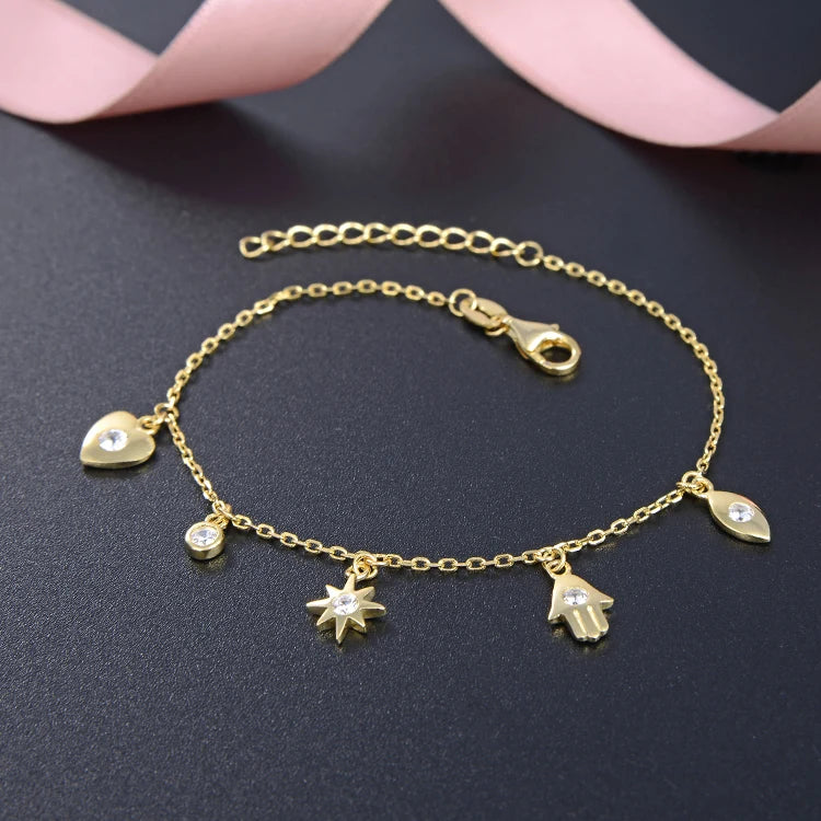Adjustable Trendy Bohemian Slap Heart Charm Bracelet Gold Rhodium Plated Zircon Women's Parties Gifts Sterling Silver Jewelry
