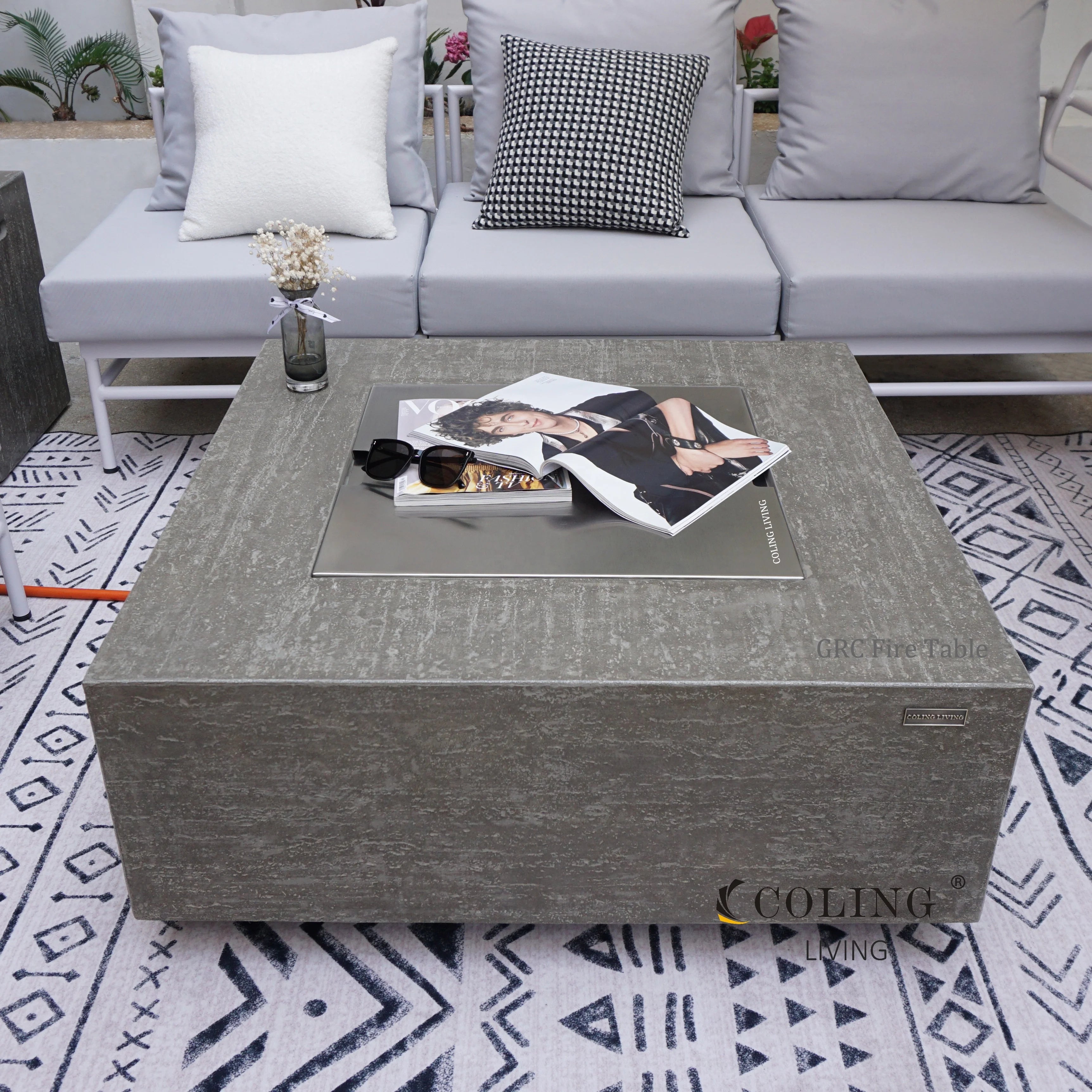 Outdoor 35.8" Natural Concrete Grey Square Fire Pit Table 65000 BTUs Propane Gas Durable and Stylish