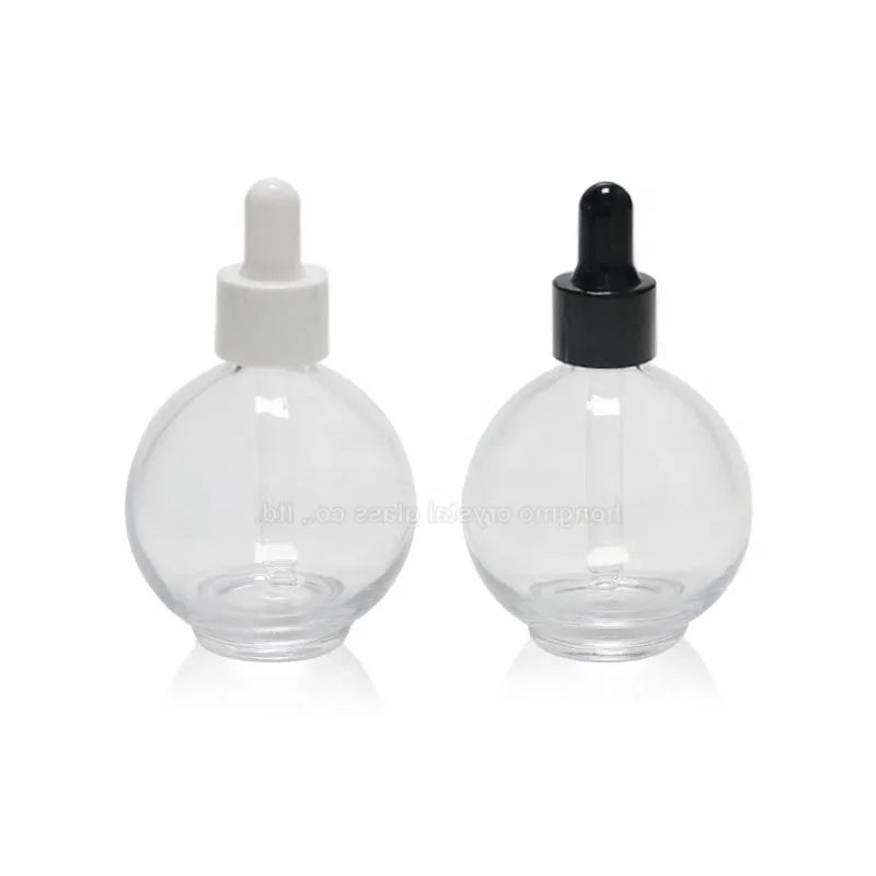 Empty Large Size Ball Shape Clear Glass Cosmetic Bottle 70ml 75ml Essential Oil Bottle With Silver Dropper Cap White Rubber Top