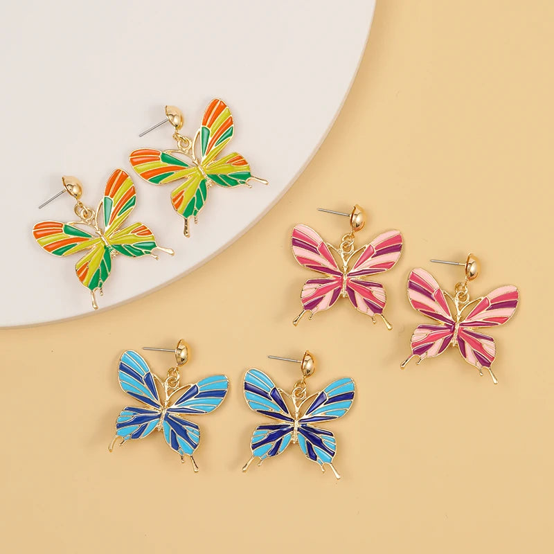 Vintage Gold Plated Colorful Butterfly Drop Earrings Oil Dripping Stud Earrings for Girls Fashion Jewelry Accessory