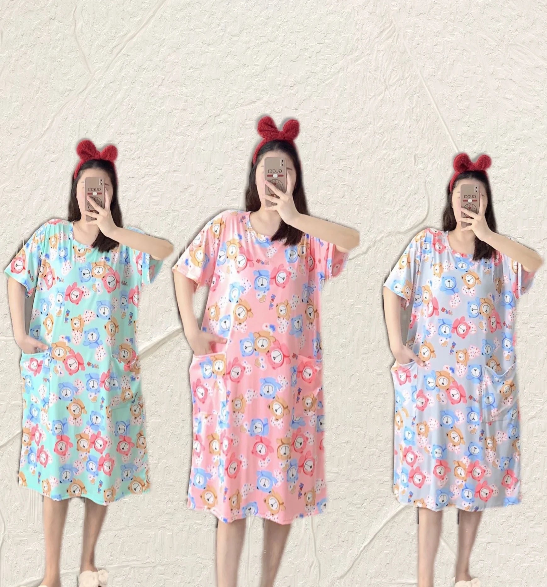 Hot Sales Plus Size Women Sleepwear Milk Silk Cartoon Short Sleeve Nightdress Nightgown With Pockets
