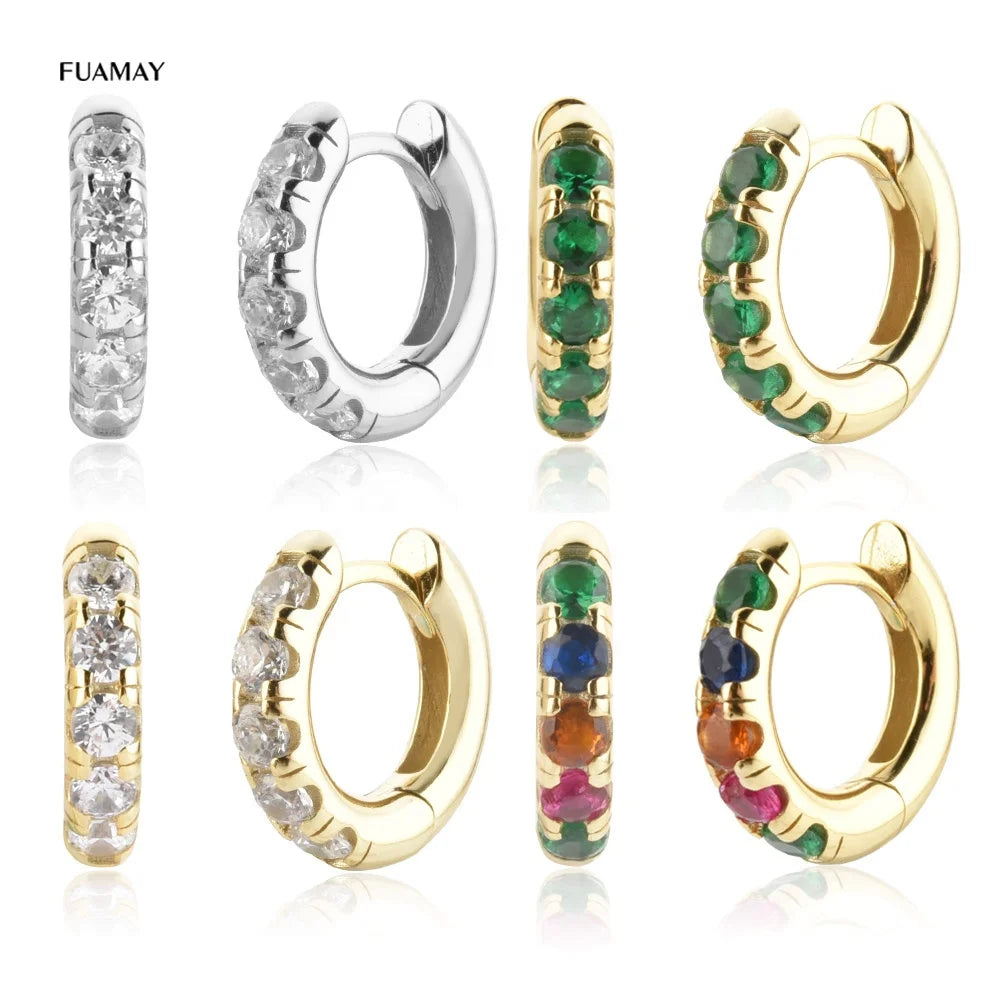FUAMAY 2022 Huggie Earrings Minimalist Gold Rainbow Diamond White Emerald Green Stone Earrings Hoops Silver Jewelry Gold Plating
