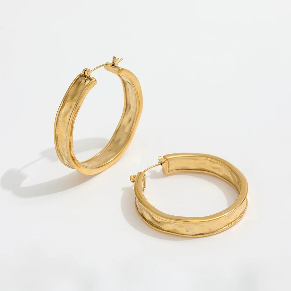 JLE0247 JOOLIM  18K PVD Tarnish Free Big Large Unique Hammered  Round  Stainless Steel Hoop Earring
