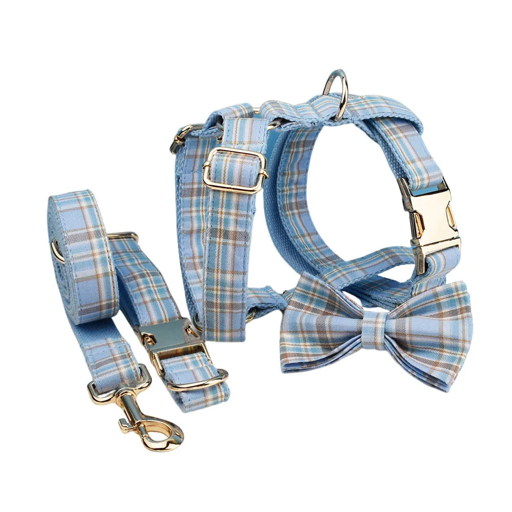 Luxury Fashion Dog Harness Plaid Pattern Light Blue H-shaped No Pull Set with Customizable Metal Buckle and Adjustable Features