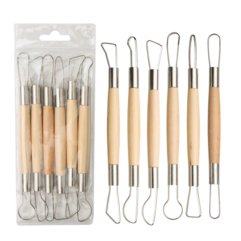 6-Piece Stainless Steel Double-Ended Clay Sculpting Knife with Wooden Handle Flat Wire Repair Blank Tool Scraper Art Supply Tool