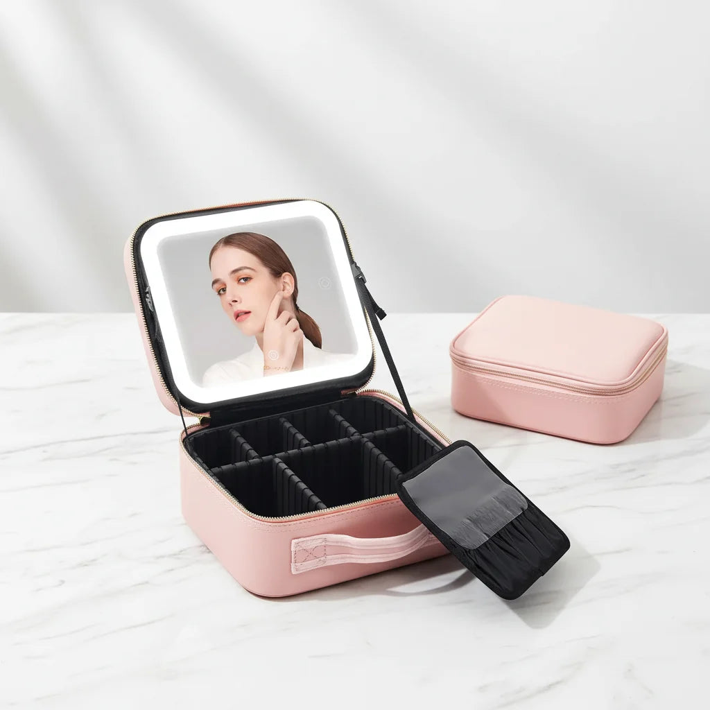 Custom Female Cosmetic Bag With Led Light Mirror Large Capacity Travel Portable Cosmetic Bag Desktop Makeup