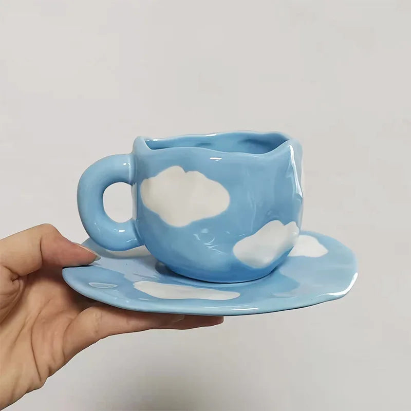 Hand-painted Ceramic Sky Blue Coffee Cup White Cloud Saucer Set Back to School Gift Eco-Friendly 300ml Capacity Classic Design