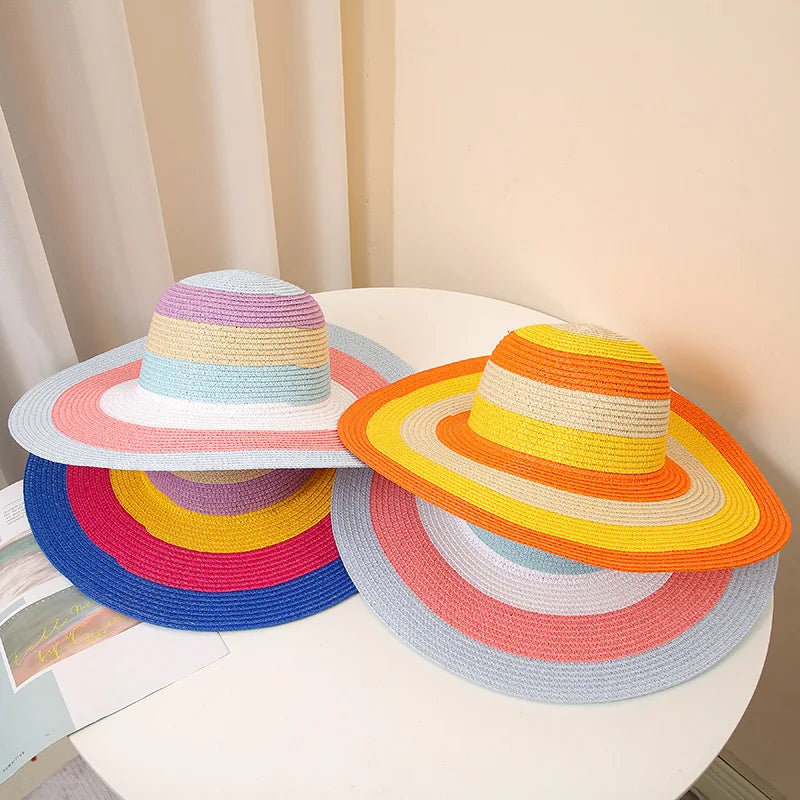 Lady Large Brim Trendy Rainbow Sun Hat Dome Holiday Beach Hat Foldable Straw Hat
