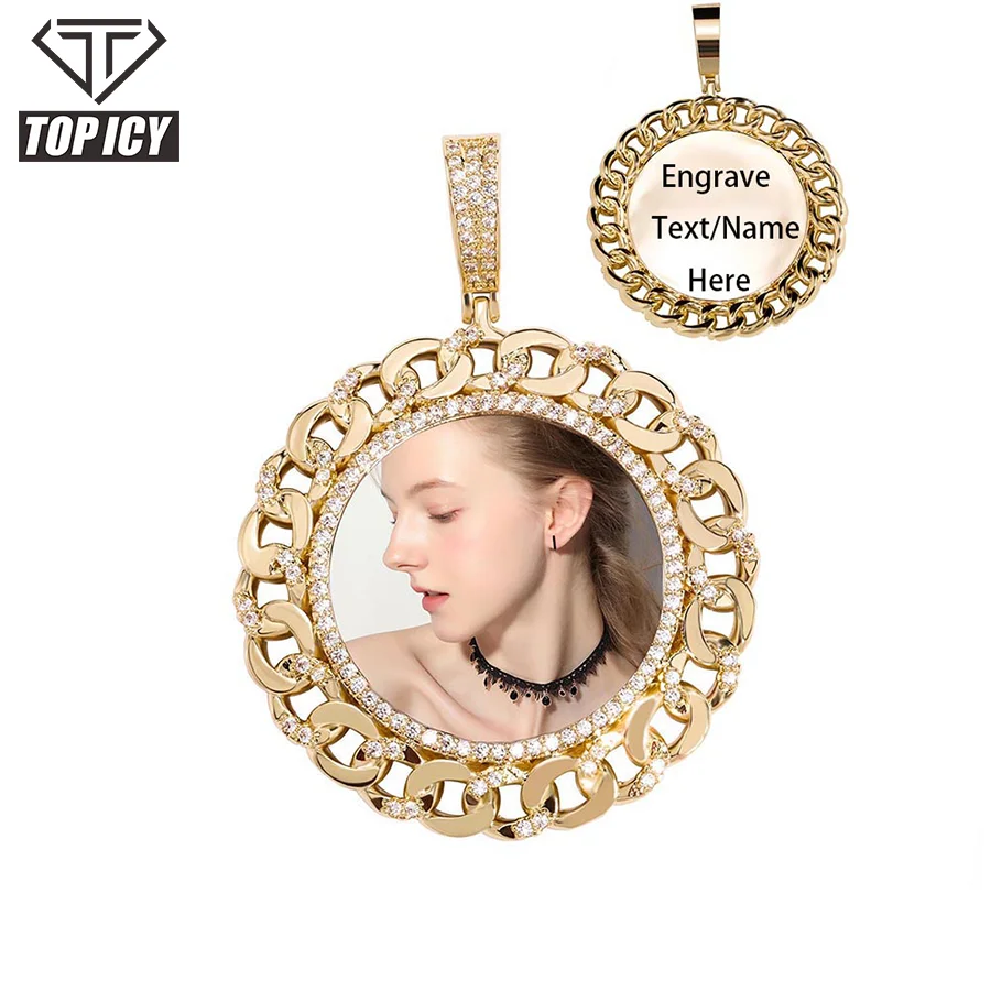 Hip Hop Photo 14k Gold Plated Memory Circle Necklace Men Round Sublimation Jewelry Custom 48mm Picture Photo Pendant