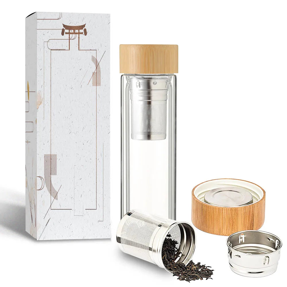 New Unique High-End Double Wall Insulated Glass Tea Fruit Long Infuser Glass Water Bottle with Bamboo Lid