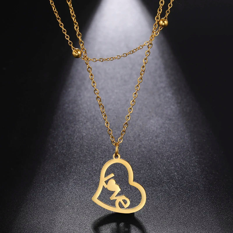 Stainless Steel Double Layer Real Gold Plated Necklace Fashion Women Heart Beaded Necklace Love Letter Jewelry Gifts for Women