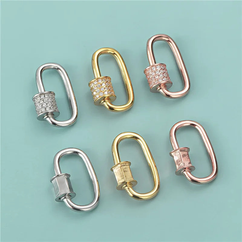 Pave CZ Carabiner Pendant Clasp S925 Sterling Silver Oval Carabiner Screw Lock Clasp for DIY Jewelry Making