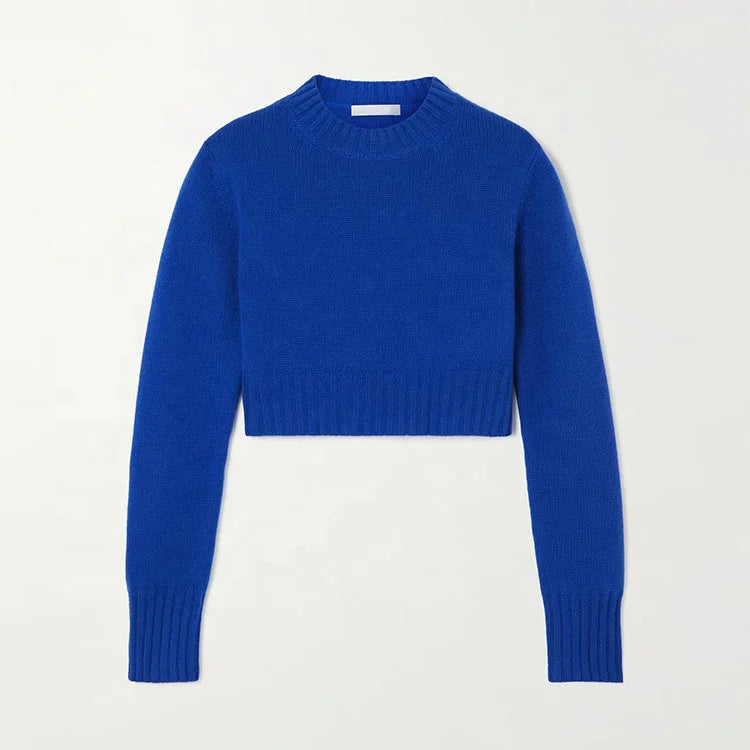 Knitwear Custom Blue Crew Neck Long Sleeve Regular Solid Viscose Nylon Casual Women's Pullover Anti-shrink Anti-Wrinkle