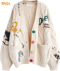 Women's Long Sleeve Cable Knit Open Front Cardigan Sheep V-Neck Button Down Embroidery Wool Blend Winter Sweater Coat Outwear