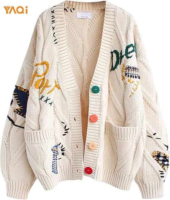 Women's Long Sleeve Cable Knit Open Front Cardigan Sheep V-Neck Button Down Embroidery Wool Blend Winter Sweater Coat Outwear