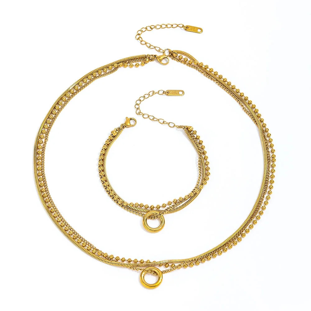 Joolim Jewelry 18K Gold Plated Three-Layer Necklace Square Snake Bead Chain Vintage Circle Pendant Stainless Steel Wholesale