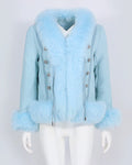 OFTBUY 2023 Elegant Fresh Knitted Tweed Coat with Natural Fox Fur Weave Furry Cuffs and Front Blended Jackets for Winter