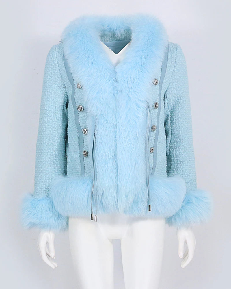 OFTBUY 2023 Elegant Fresh Knitted Tweed Coat with Natural Fox Fur Weave Furry Cuffs and Front Blended Jackets for Winter