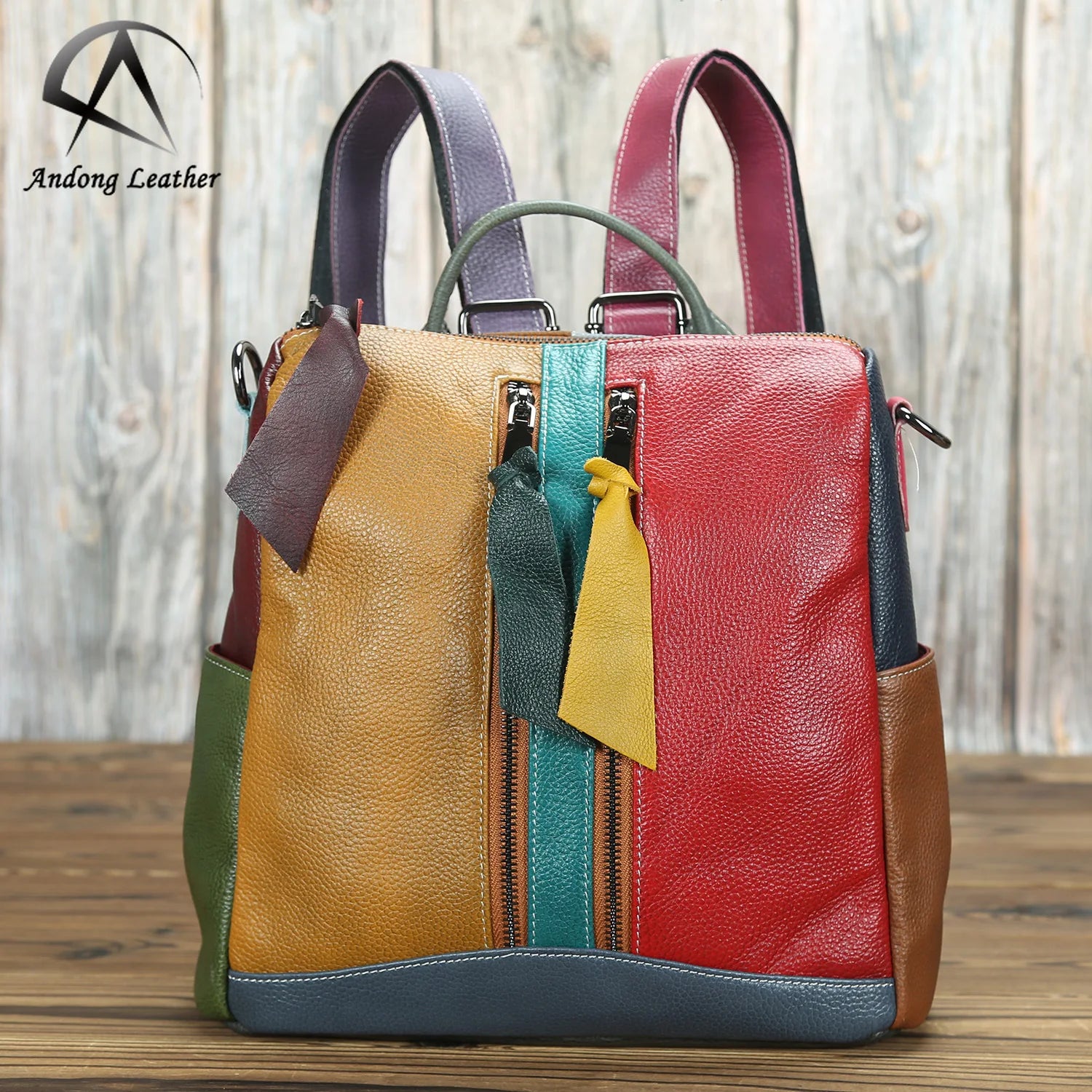 Andong Retro Ladies Backpacks Genuine Cow Leather Backpack Shoulder Bag Colorful