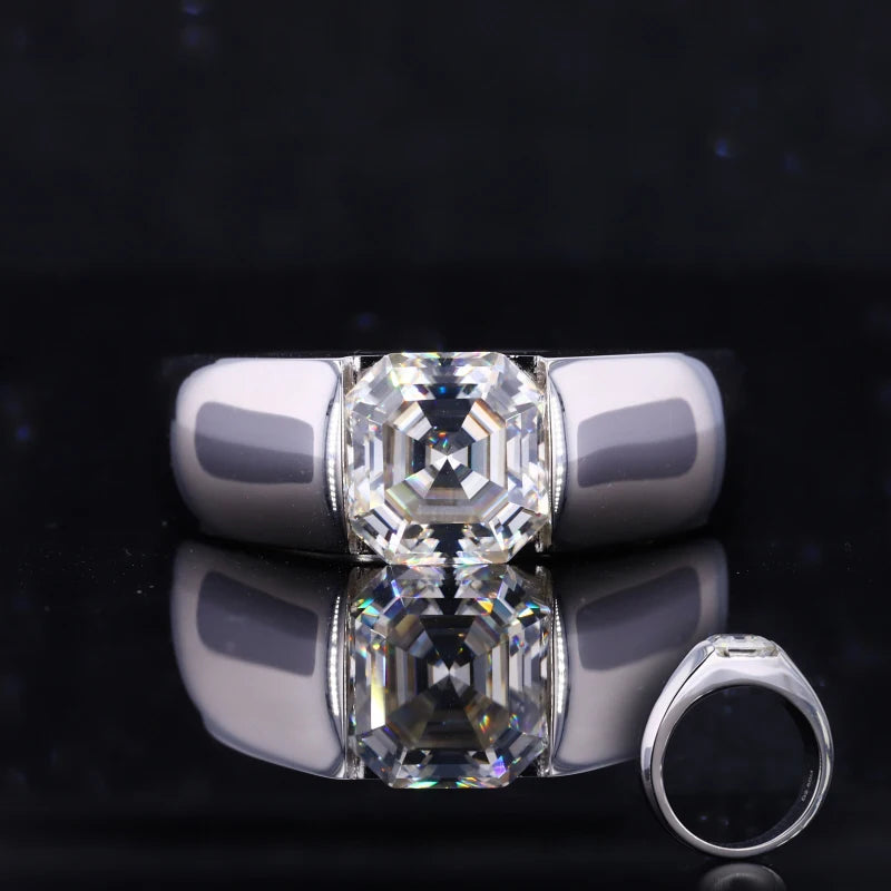 Starsgem Asscher Cut Moissanite Solitaire Gemstone 925 Silver Ring for Man