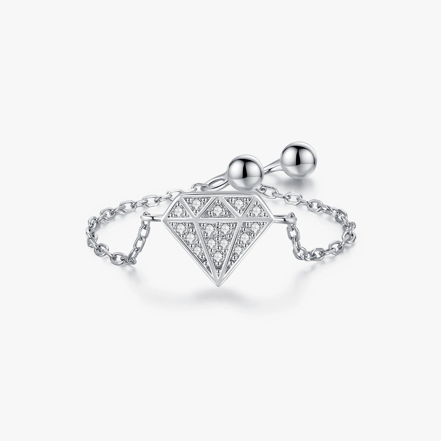 925 Sterling Silver Diamond Shape Sparkling Adjustable Chain Link Finger Rings Trendy Original Fine Jewelry for Women