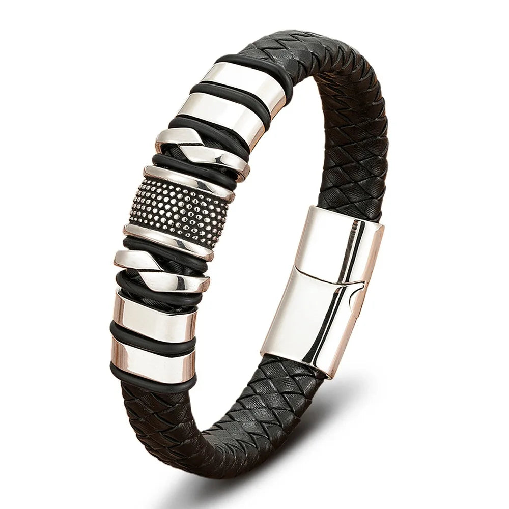 Personalized Stainless Steel Magnetic Clasp 19 21 23cm Genuine Leather Braided Bracelet Black Silver Wrap Bracelet Men OT-277