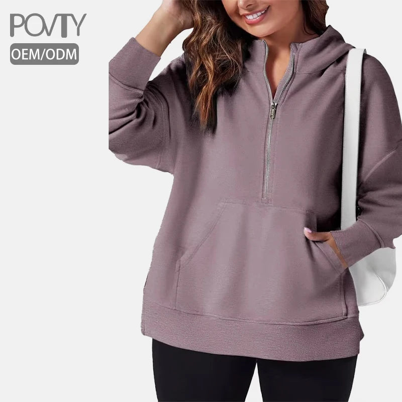 POVTY Custom Women's Oversized Half Zip Hoodie Cozy Stylish Long Sleeve Sweatshirt Casual Knitted for Spring for Lounge Wear