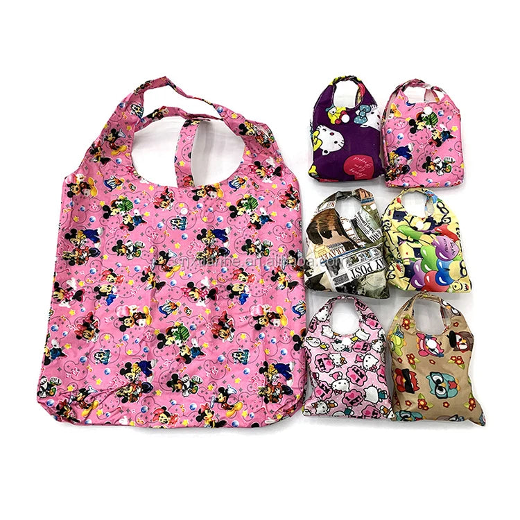 Custom New Cartoon Cat Design Nylon Washable Foldable Tote Grocery Shopping Bags with Logo