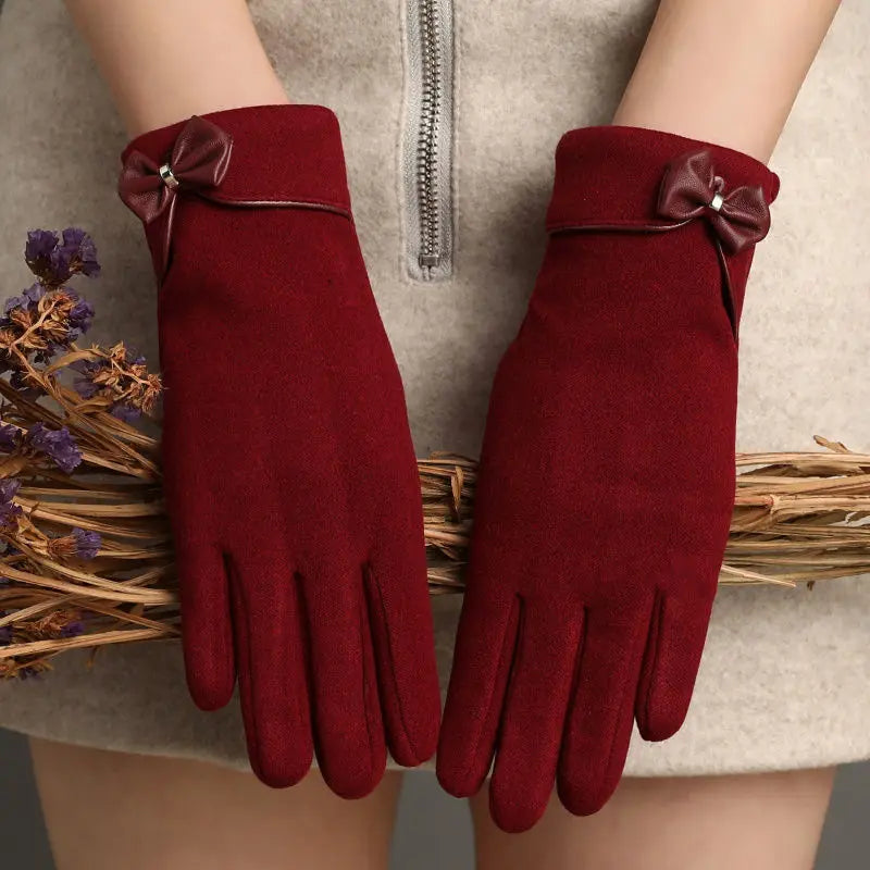 Women's Elegant Bow Classic Solid Color Outdoor Plush Warm Gloves Winter Touch Screen With Stylish Gloves