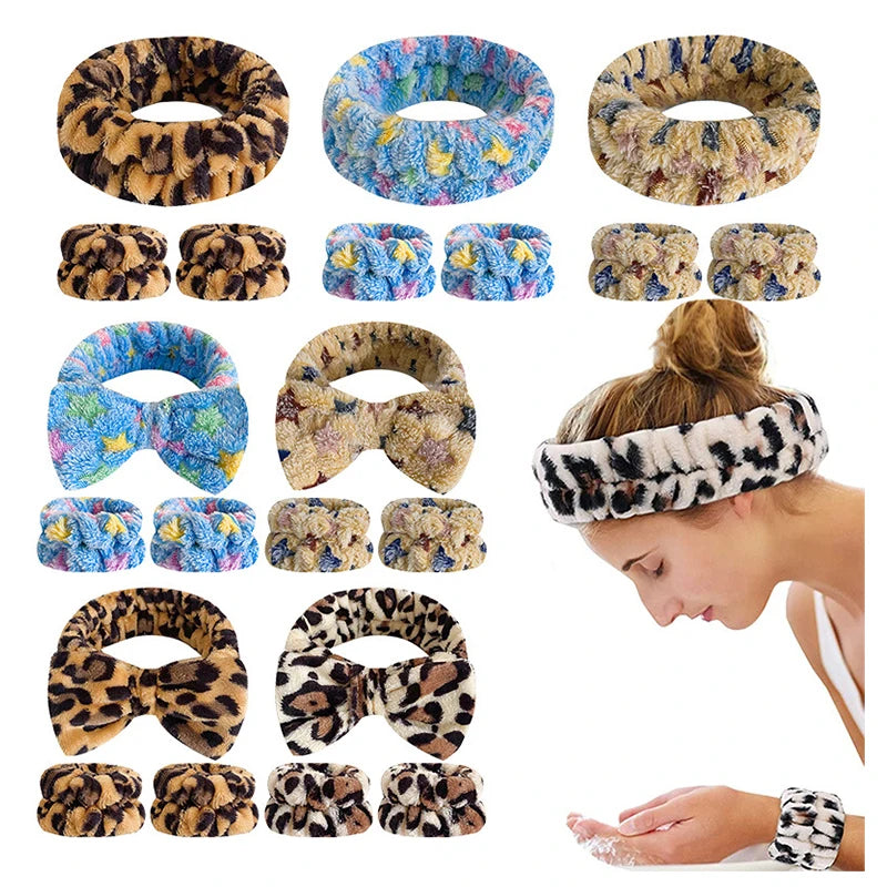Cheetah Print Leopard Makeup Facial Skincare Bow Spa Face Wash Headband and Wristband Set for Women