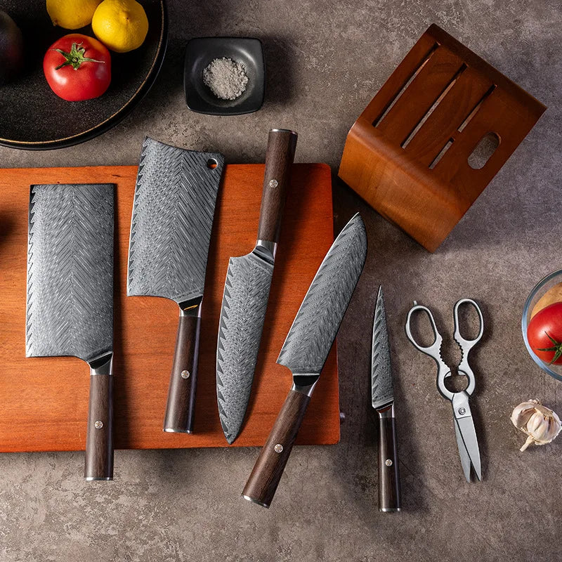 Wholesale Price 6 Pieces Kitchen Knives Scissor Set 67 Layer VG 10 Damascus Steel Chef Knife with Wooden Block Stand
