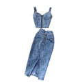 Fashion Women Suit New Feminine Short Camisole High Waist Denim Skirt Trendy Ladies Jeans Vest Two Piece Set Women Solid Suit