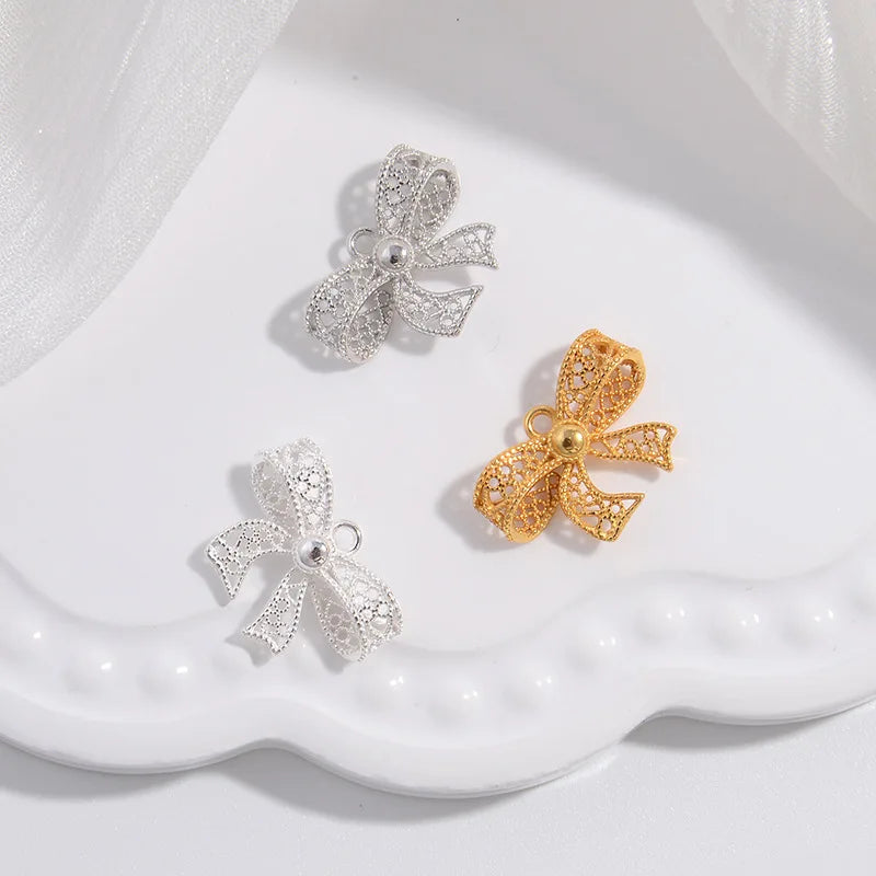 New Style 925 Sterling Silver Gold Plated Hollow Bow Charm Pendant for Jewelry Making MegaBDM