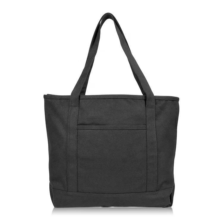 Personalized Logo Hot Sale Fashion Design Black Zipper Pouch Canvas Tote Bags Foldable Beach Tote Bag Shopping Shoulder Bag