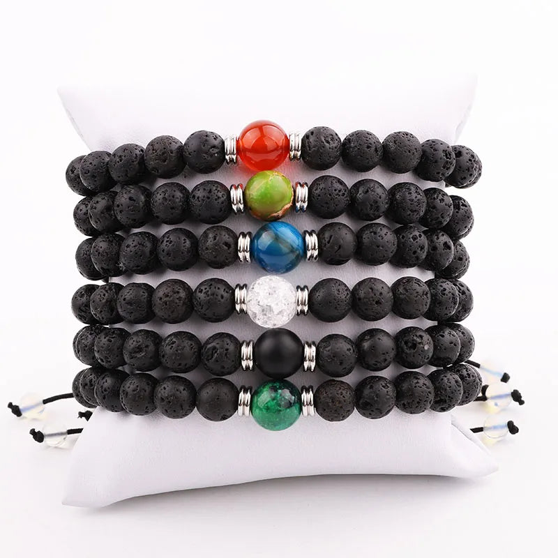 Fashion Natural Lava Rock Stone Agate Beads Custom Logo 7 Chakra Macrame Bracelet Men Women Yoga JBS11396