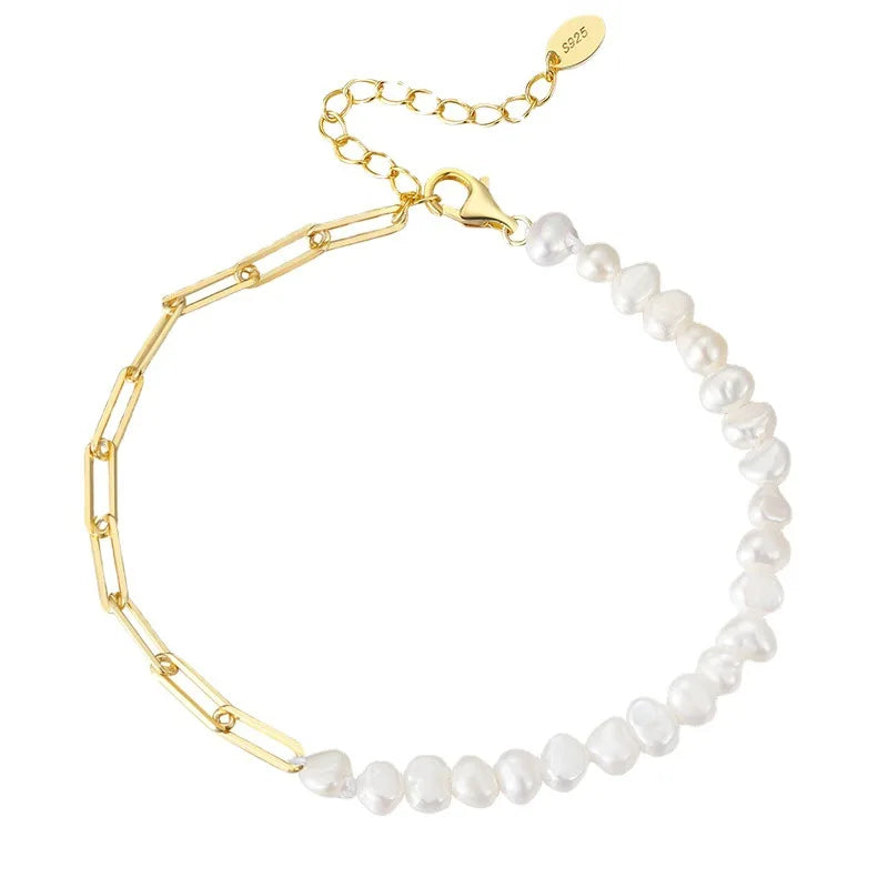 Melynn Paper Clip Chain Fresh Water Pearl Bracelet 925 Silver Pearl Jewelry 14k Gold Plated Silver Bracelet Women