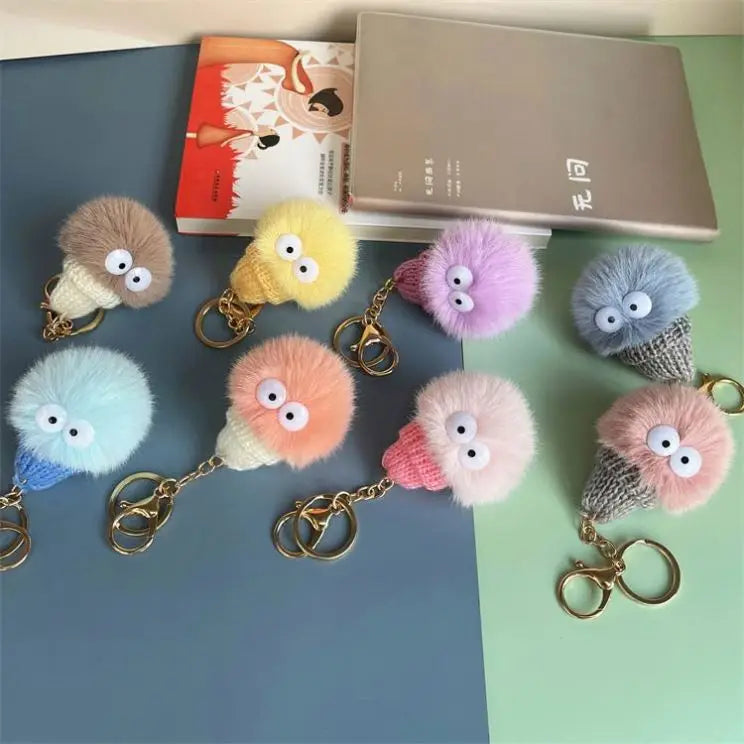 Cute Plush Doll Fur Fluffy Pom Pom Keychain Plush Toys Ball Cartoon Pompom Key Chains with Eyes Sunglass Pendant Decoration Gift