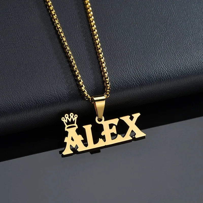 Kalung Nama Personalized Thick Chain With Crown Names Pendant Hook Necklaces Gold Stainless Steel  Big Letter Name Necklace