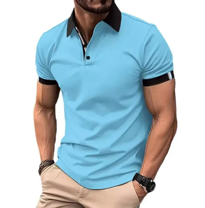 Summer Men's Button Polo Shirt Color Block Short Sleeved Lapel Golf T-shirt Casual Fit Top