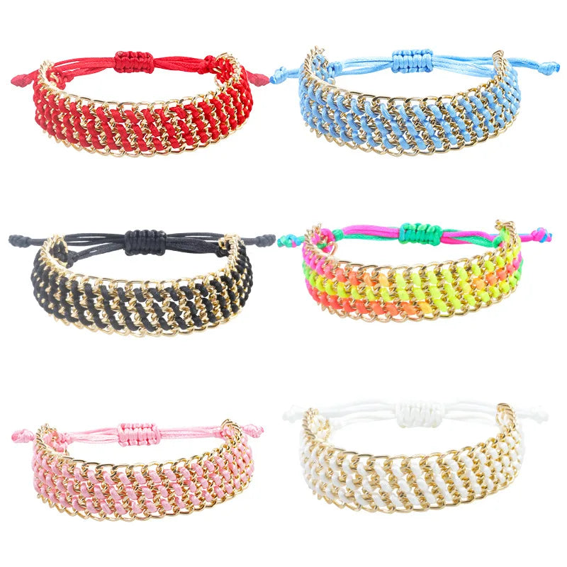 Vacation Handmade Cotton Rope Woven Friendship Gold Chain Bracelet Cotton Colorful Woven Bracelet