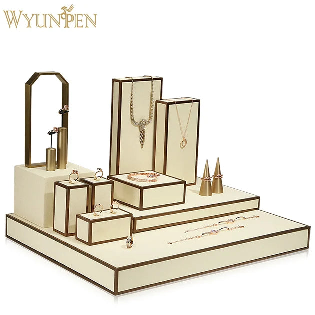WYP Beige Microfiber Ring Earring Necklace Stand Cabinet Showcase Rack Holder Stylish Jewelry Display Set