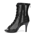Beautiful Black PU Mesh Latin Salsa Ballroom Jazz Dance Boots for Girls Comfortable Party Dancing Sandals with Suede Sole