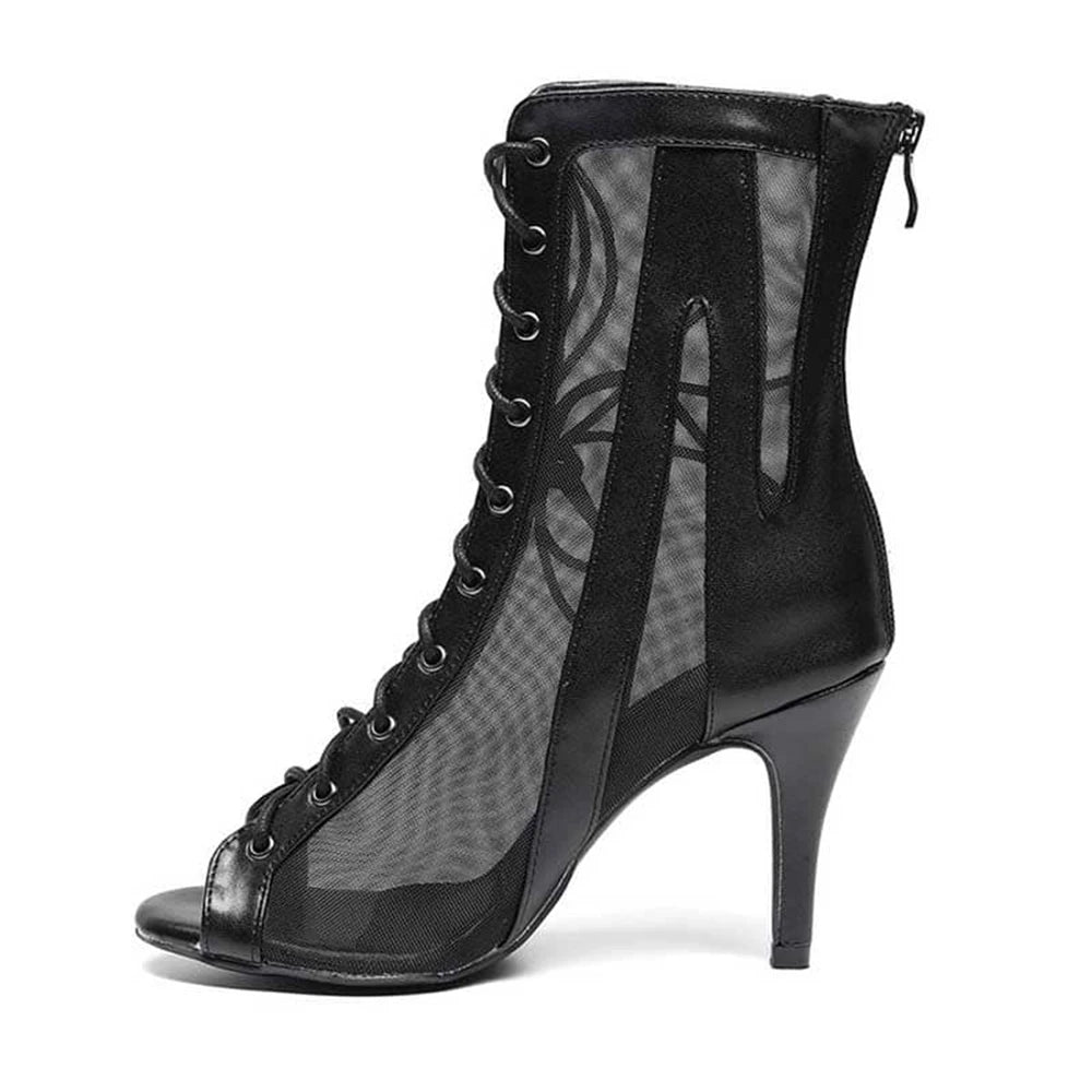 Beautiful Black PU Mesh Latin Salsa Ballroom Jazz Dance Boots for Girls Comfortable Party Dancing Sandals with Suede Sole