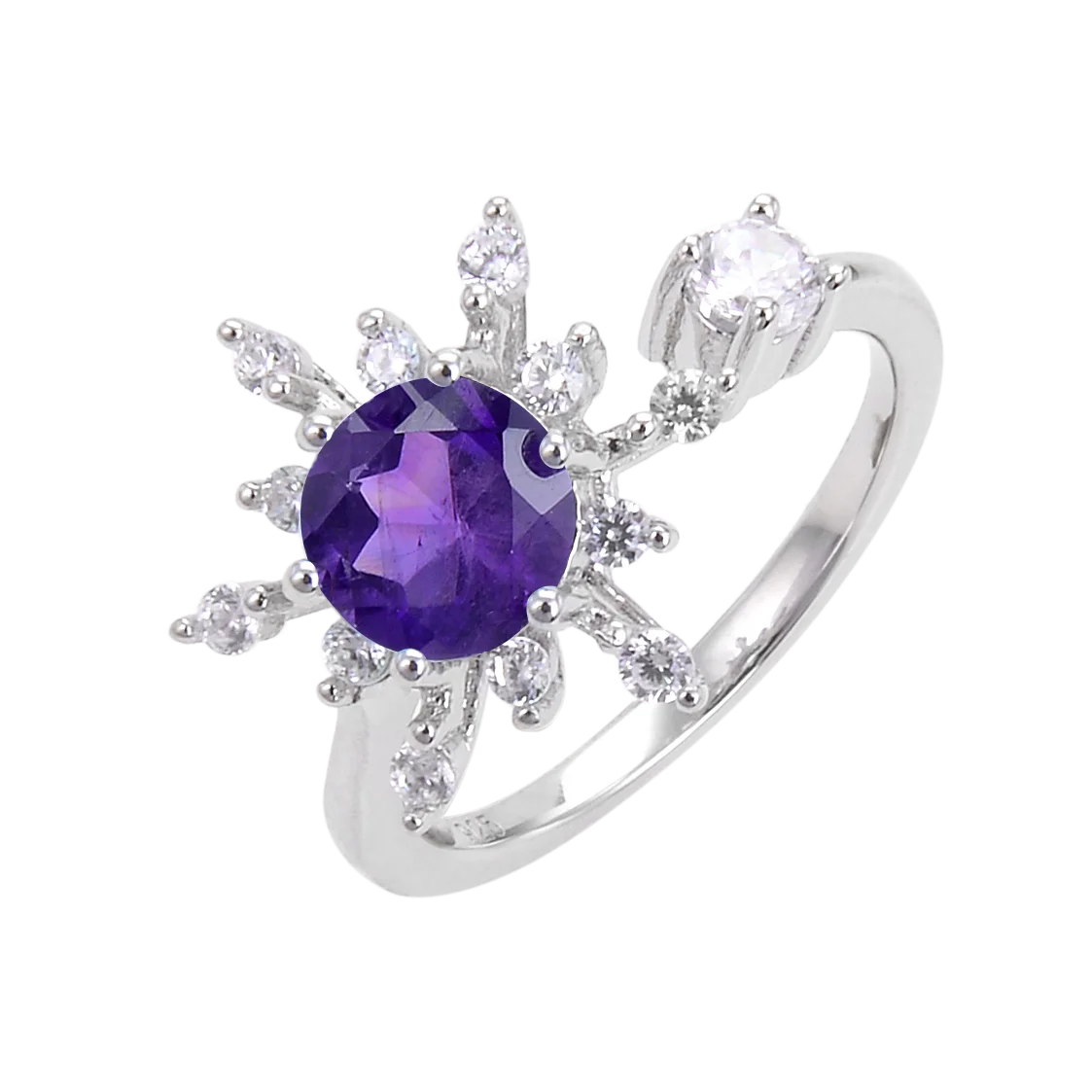 C7626 Abiding Open Shank Adjustable Rings Round Natural Amethyst Rhodium 925 Sterling Gemstone Ring With CZ Simulated Diamond