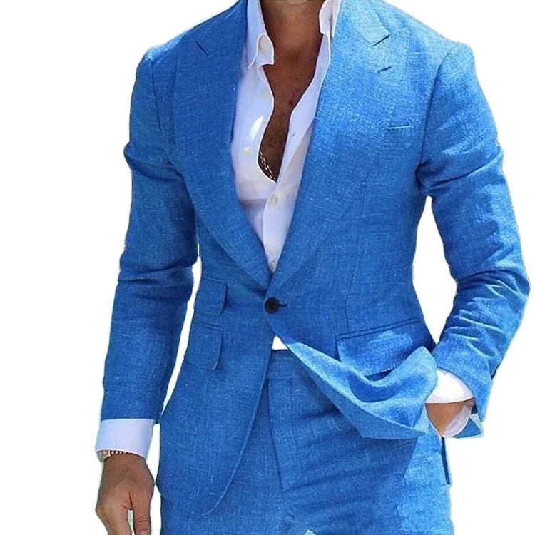 Blue Linen Peaked Lapel One Button Wedding Tuxedos Summer Beach Costume Groom Wear Formal Best Man Blazer Suits (Jacket+Pants)