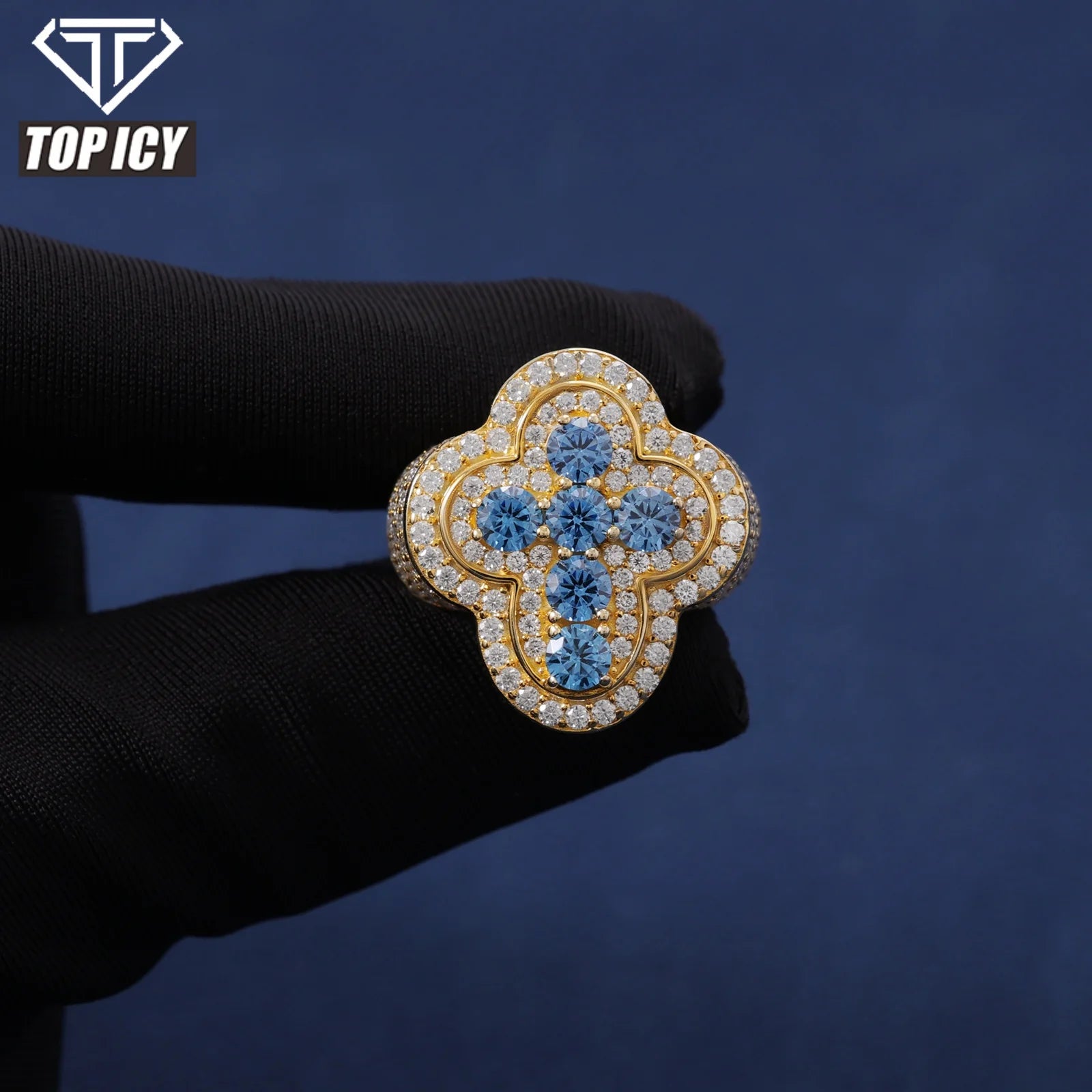 Hip Hop Cross Moissanite Diamond Blue CZ Rings 925 Sterling Silver Mens Jewelry Gift Wholesale Geometric Ring for Wedding